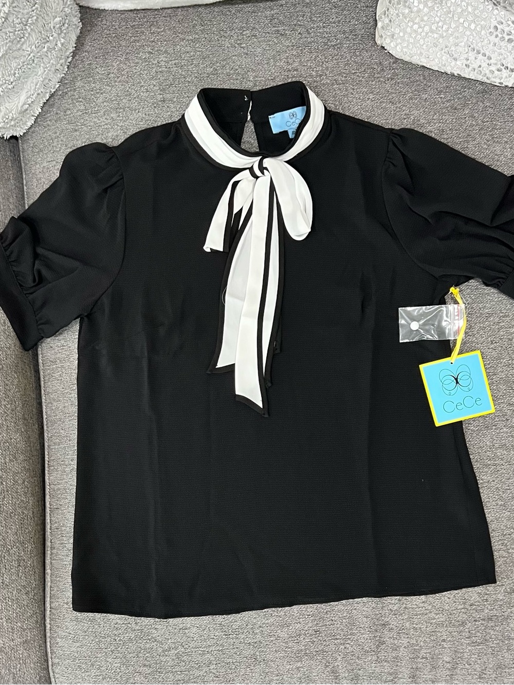 CeCe Black Short Puff Sleeve Top with White Tie Neck